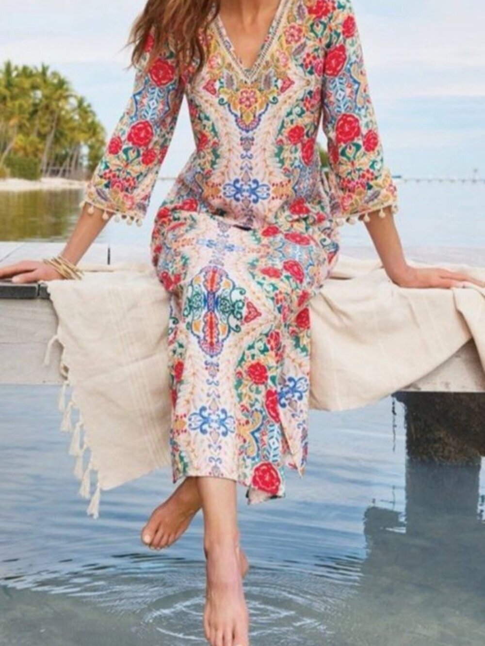 Soft Surroundings Ipanema Embroidered Beaded Caftan Challis Maxi Dress Sz S Boho